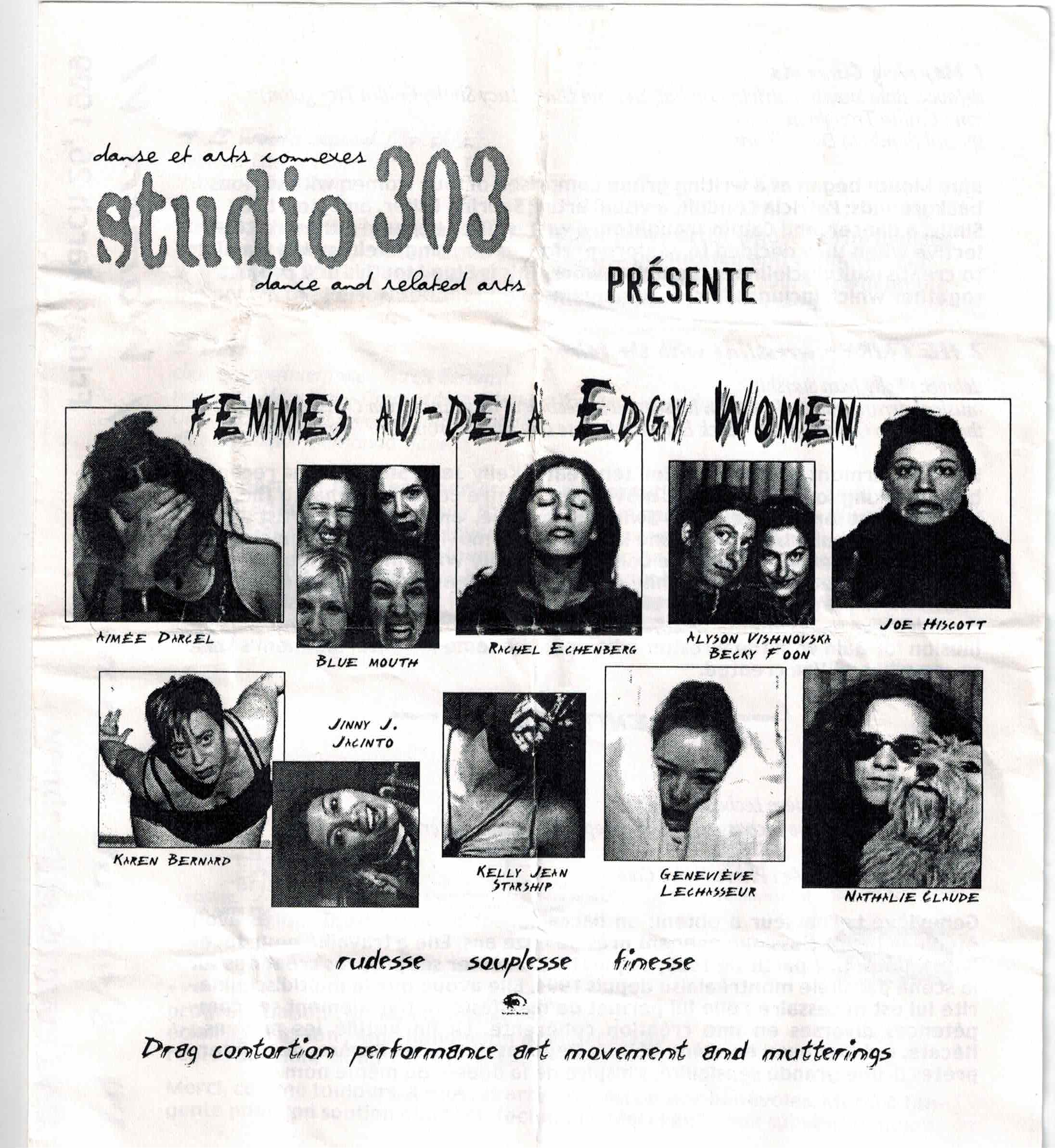 Edgy Women / Femmes au-delà VI - "Rudesse Souplesse Finesse" (1999)
Aimée Darcel, Blue Mouth, Rchel Echenberg, Alyson Vishnovska et Becky Foon, Joe Hiscott, Karen Bernard, Jinny J. Jacinto, Kelly Jean Starship, Geneviève Lechasseur, Nathalie Claude