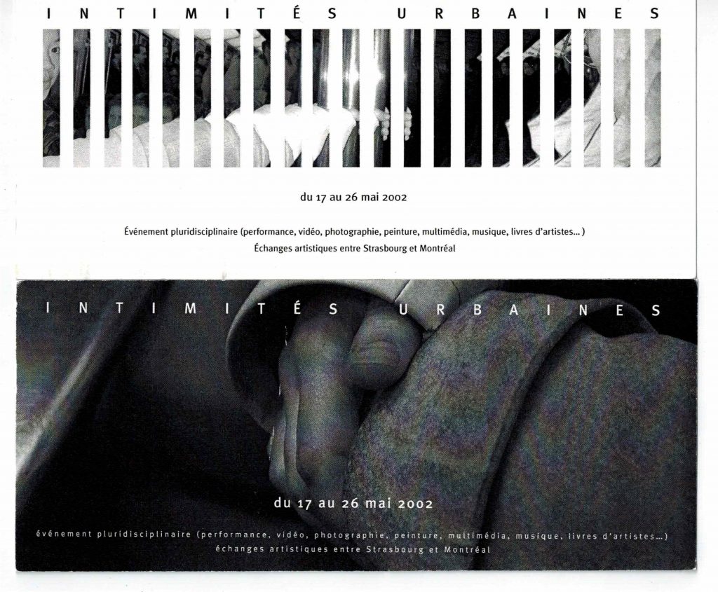 Intimités urbaines (2002)
du 17 au 26 mai 2002
Azazello, Tony Breton, Delphine Brouchier, Antoine Cicero, Les Éditions du Caillou, Vincent Husser, Laura Martin, Alexandre Pax, Guylaine Bédard, Charles Billard, Gabriel Doucet-Donida, productiongray, Caroline Hayeur, Marie-Claude Pratte, Josée Tremblay